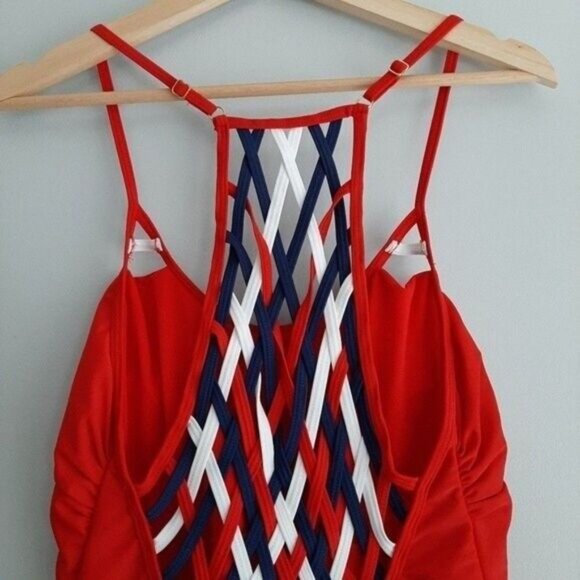 YMI One Piece Swimsuit Lattice Woven Back Red Sz L - Picture 6 of 10